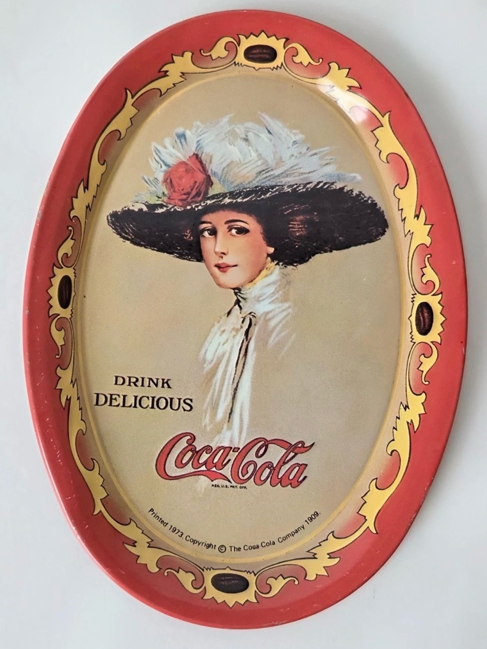 Coca Cola Original Vintage Oval Tip Tray; Classic Lady Portrait Printed in 1973